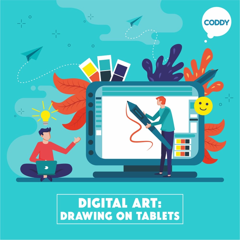 Digital art course for children learning to draw on a graphic tablet